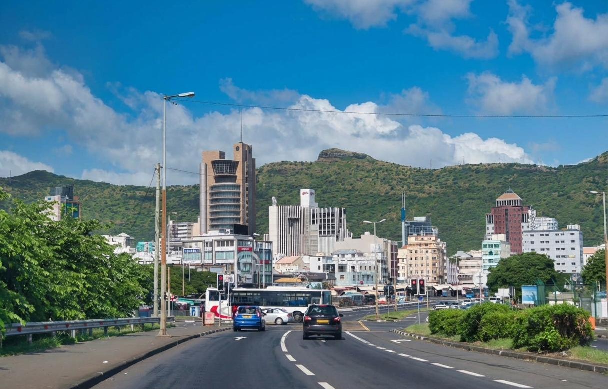 Mauritius coastal road with mountains